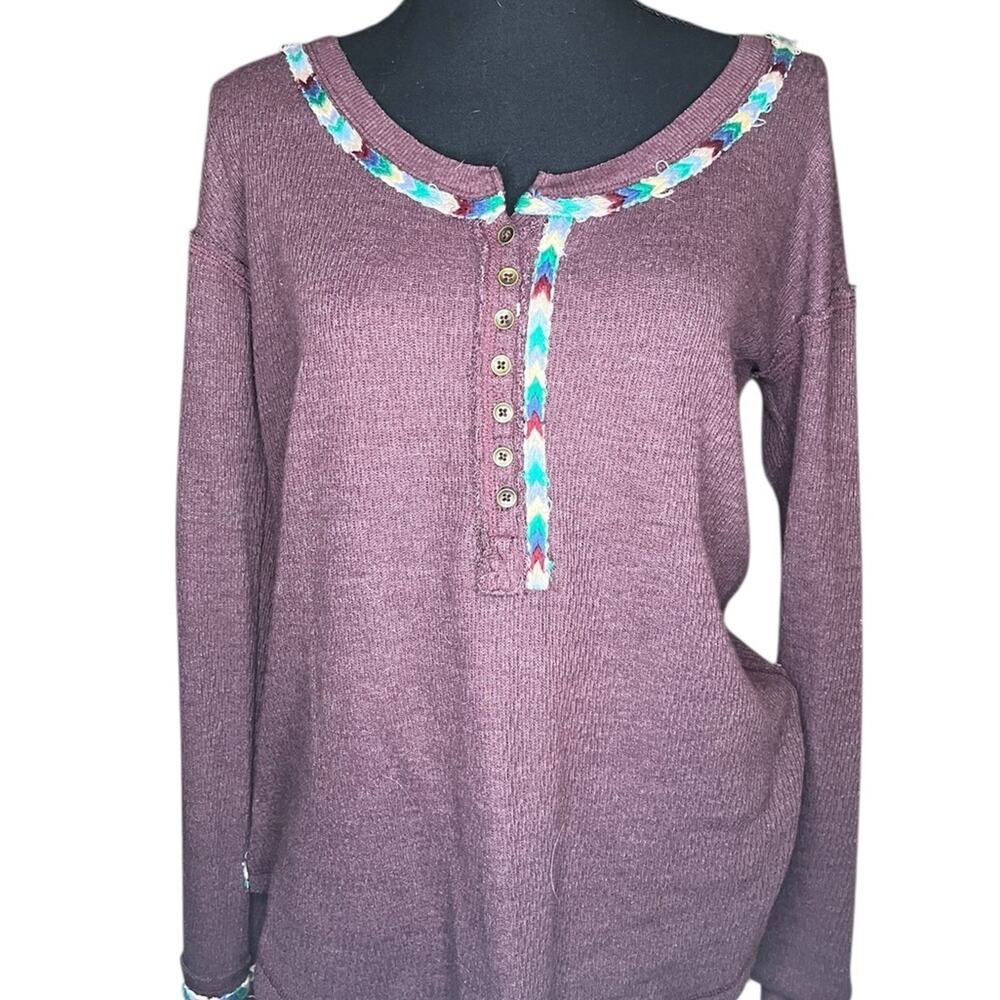 Free People We The Free Rainbow Trim Thermal Henley in burgundy/maroon Medium